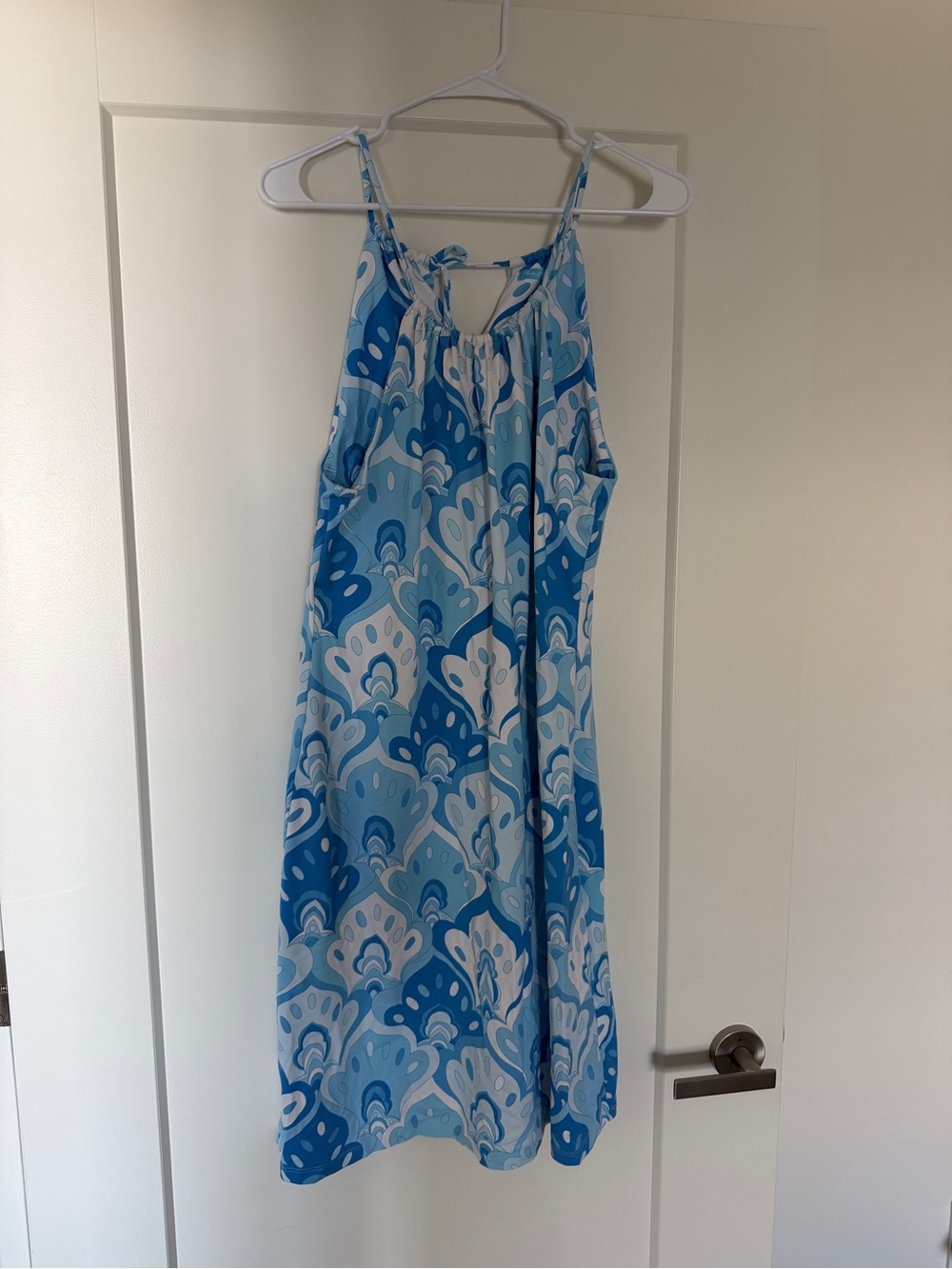 Blue Patterned Tie-Strap Midi Dress